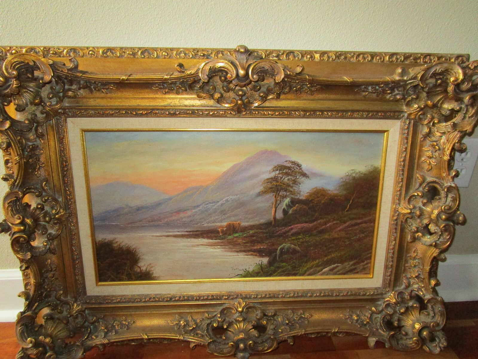 T. Wood Oil on Canvas – Lake Scene with Buffalo by Water and Mountains