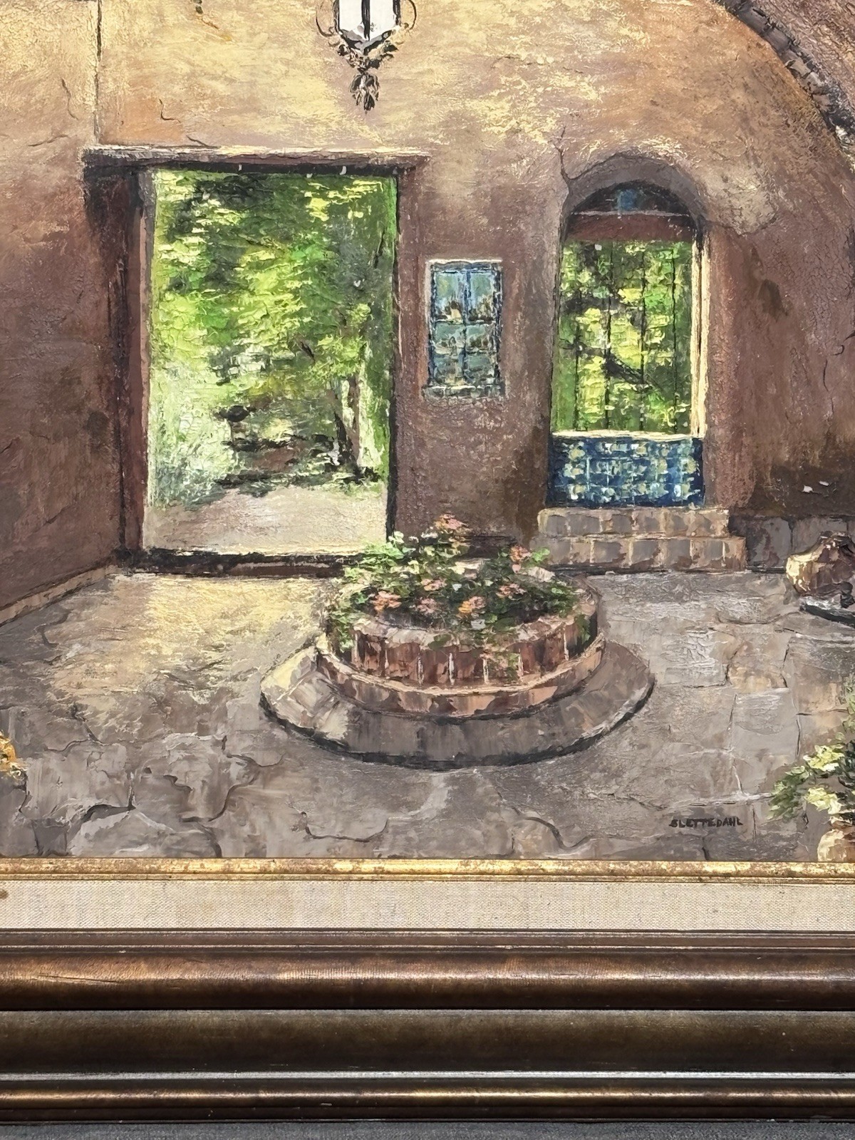 Original Framed Signed Mediterranean Courtyard Archway Painting Spanish Villa