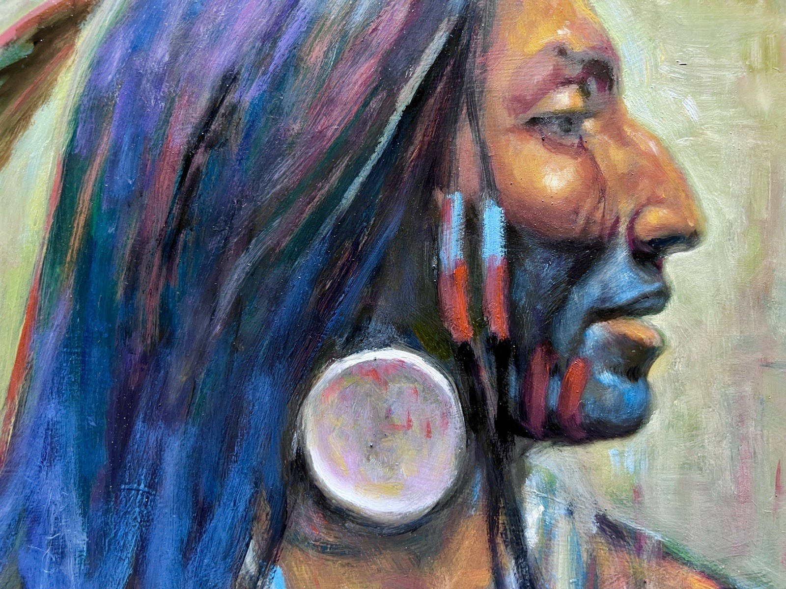 Original Oil painting Native American Blackfoot Warrior ABSTRACT WESTERN ART