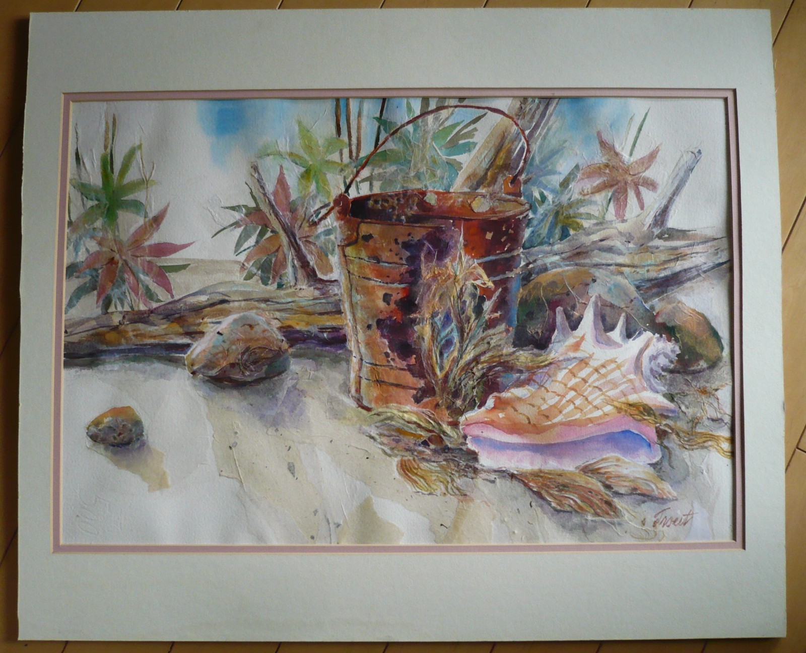 SIGNED TROUT, VINTAGE IMPRESSIONIST WATERCOLOR SHELL AND BUCKET TROPICAL BEACH