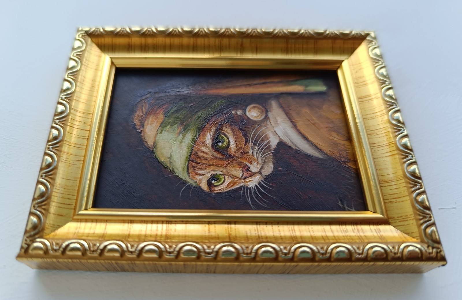 ACEO Cat with Pearl Earring Oil Painting Framed Original Artwork 2.5×3.5 in