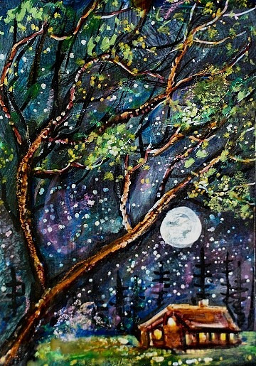ACEO Original PAINTING Spring TREE Night Sky Moon CABIN Nature Landscape ATC ART