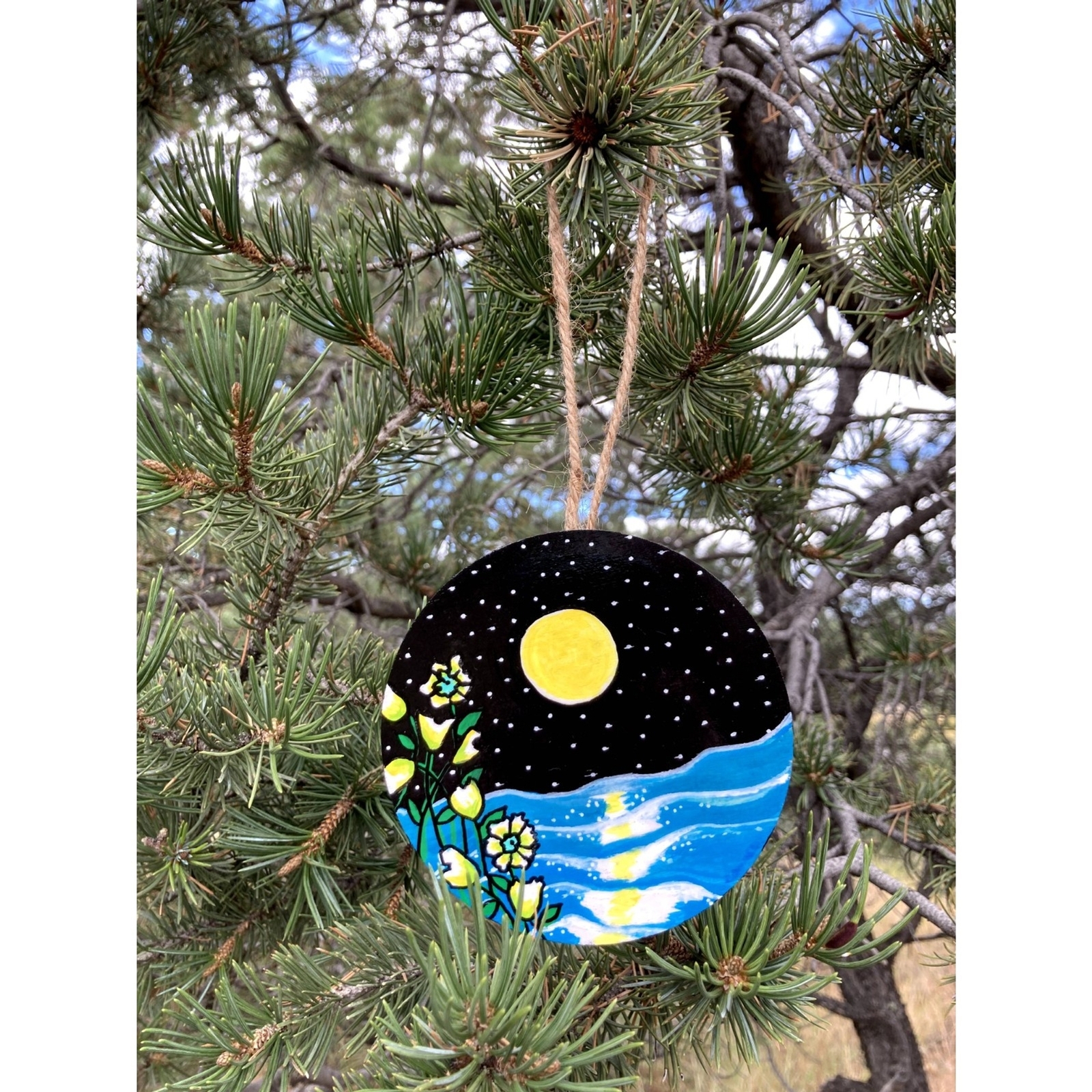 Hand-Painted Wooden Ornament with Moon, Starry Sky, lake, and flowers Moonrise