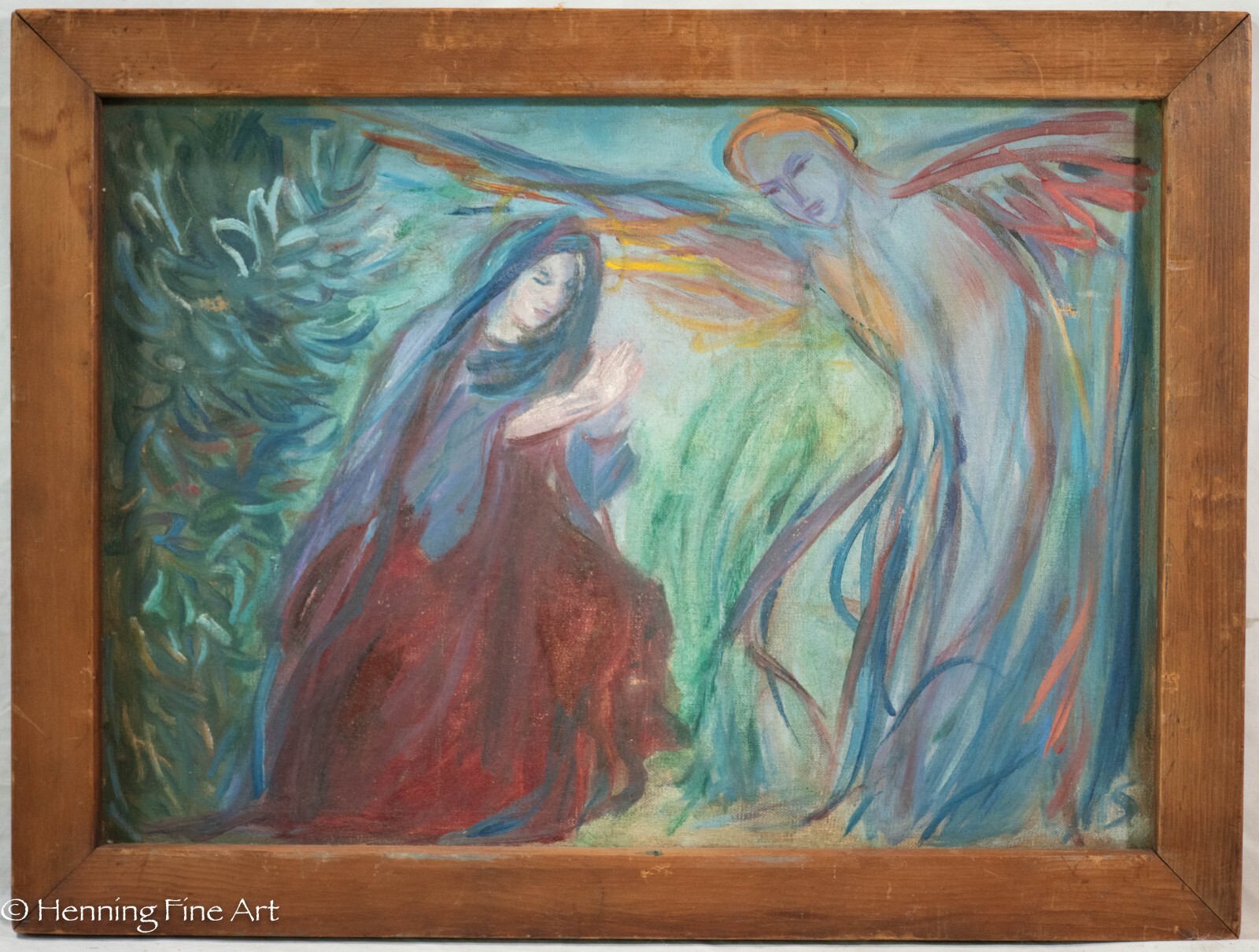 Beautiful Antique Carl Shaffer Impressionist Oil Painting Mary Praying & Angel