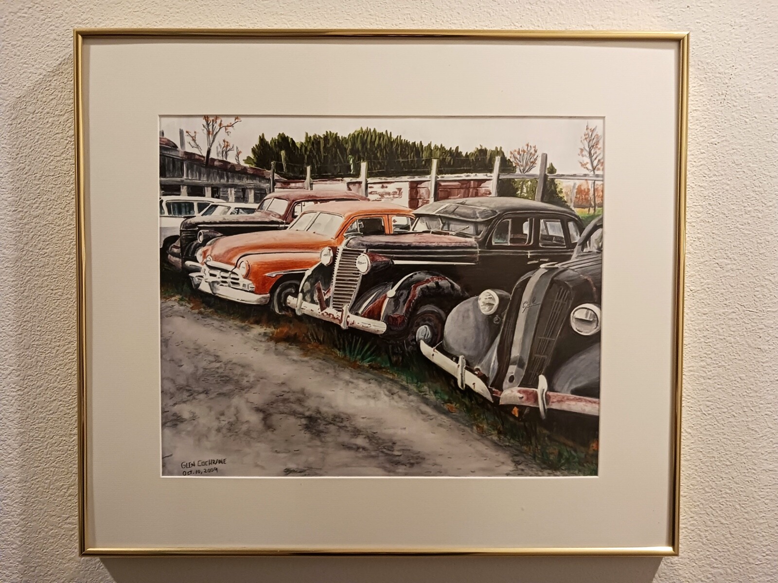 Original painting «The Bone Yard» of an antique car shop in Whitby Ont. CANADA