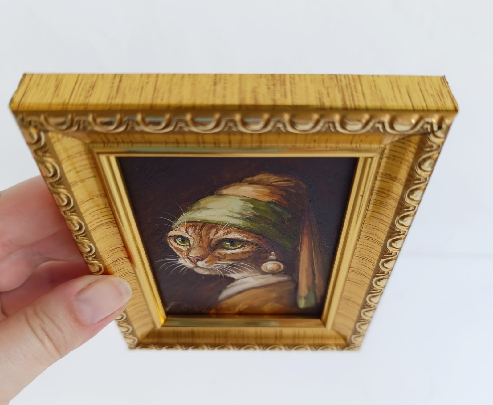 ACEO Cat with Pearl Earring Oil Painting Framed Original Artwork 2.5×3.5 in
