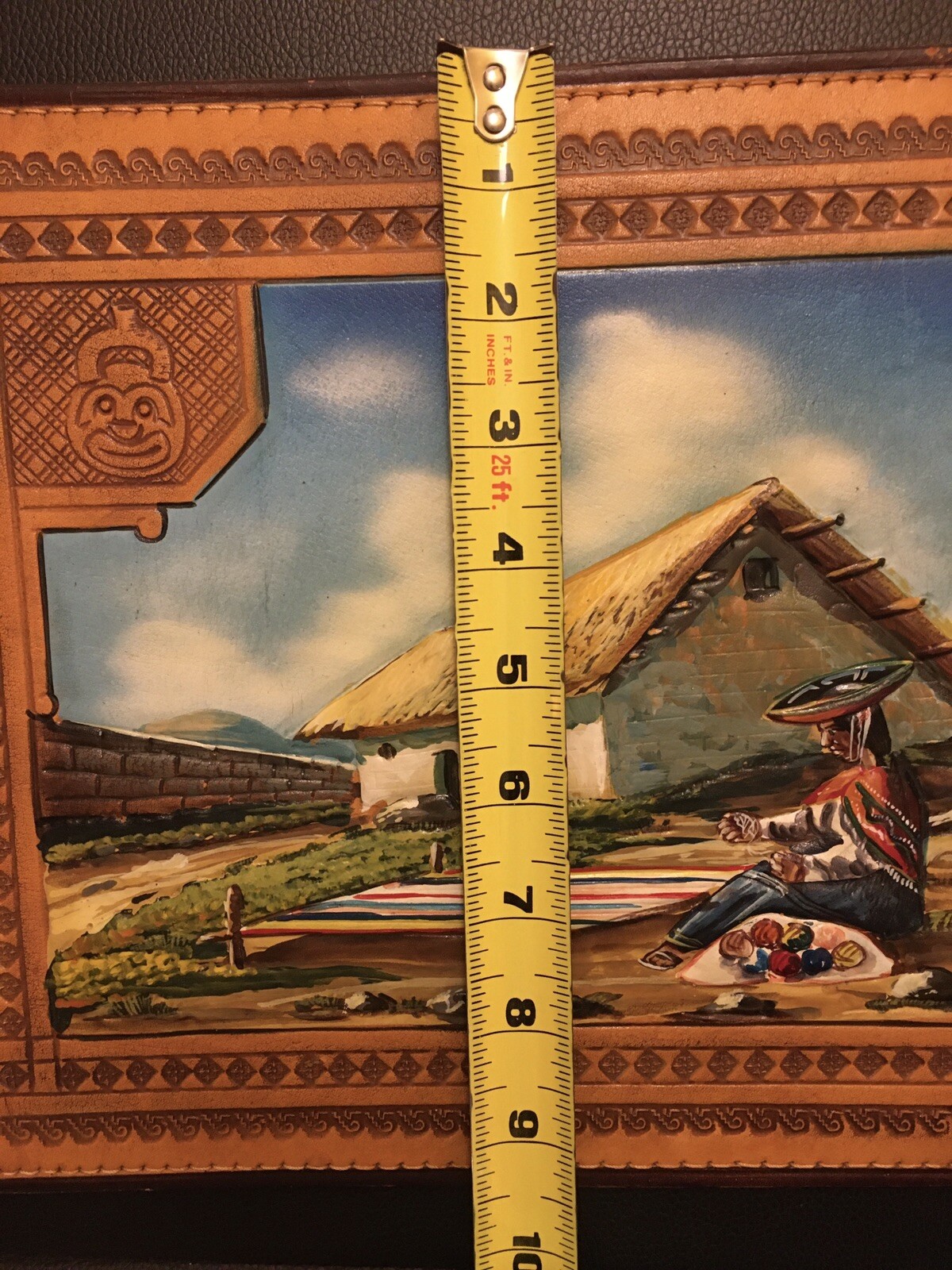 Peruvian 3D Leather Painting Stamped Border Industria Peruana Made by Hand