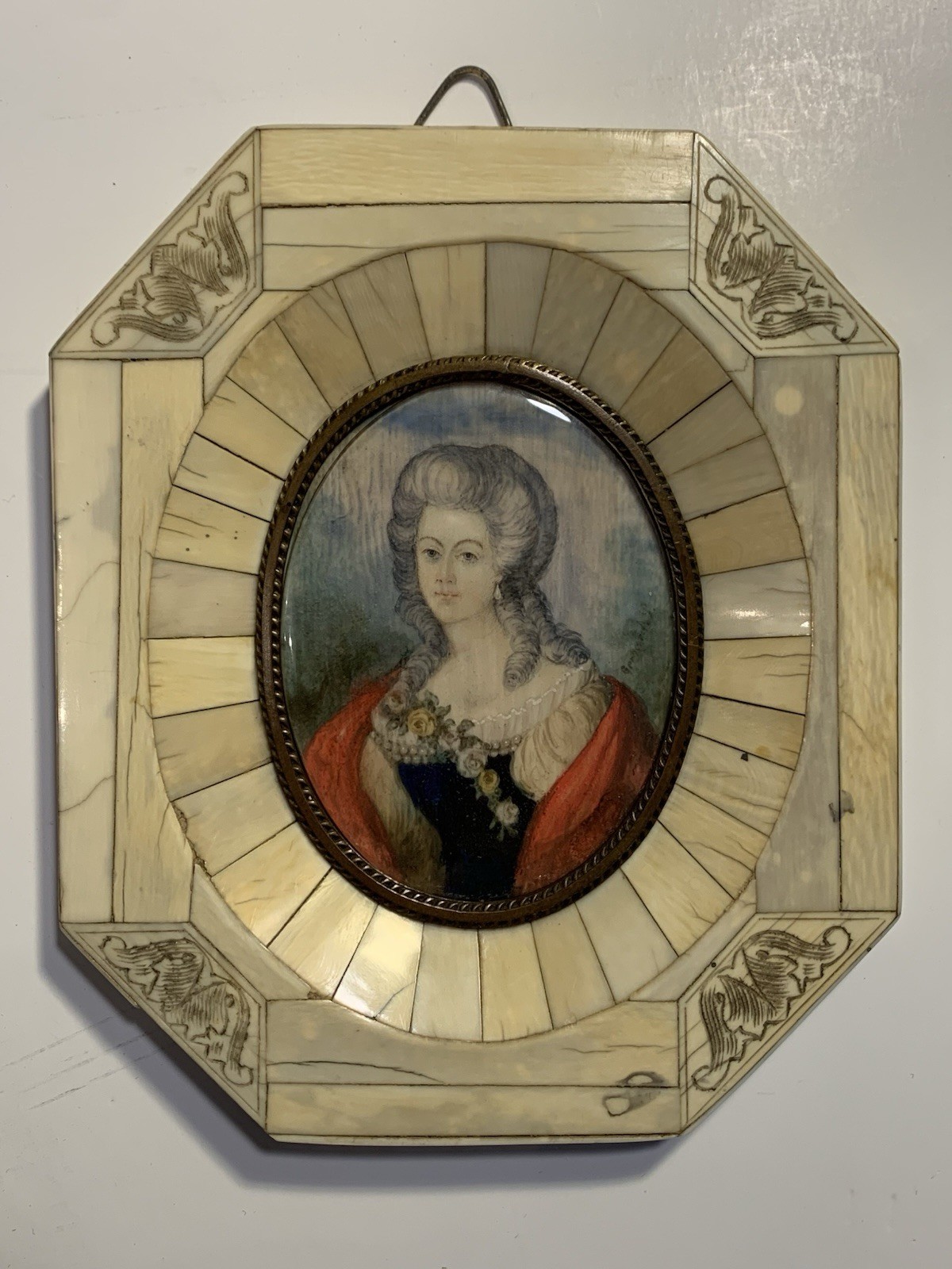 c1890 Antique Miniature Painting On Vellum Piano Key Picture Frame