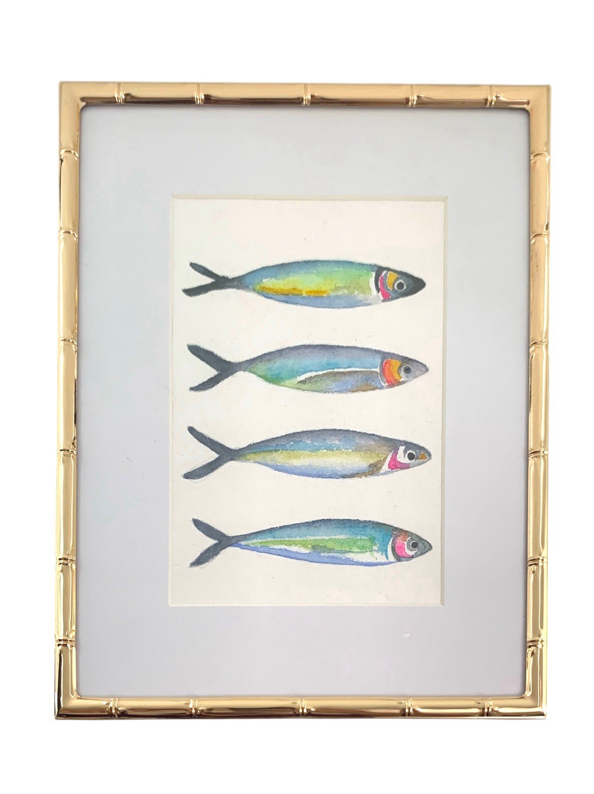 Fish Painting Sardine Watercolor in Metal Bamboo Golden Frame Costal Decor