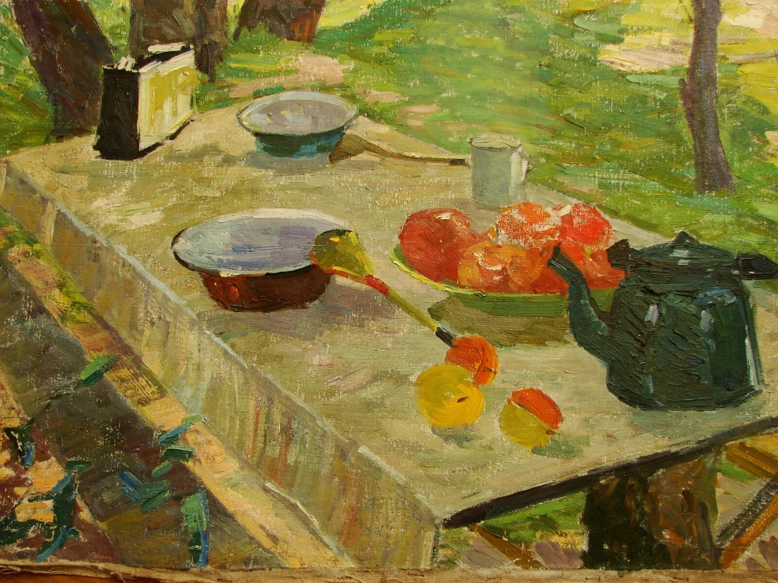 Ukrainian Soviet Oil Painting impressionism Still Life receiver kettle sunny day