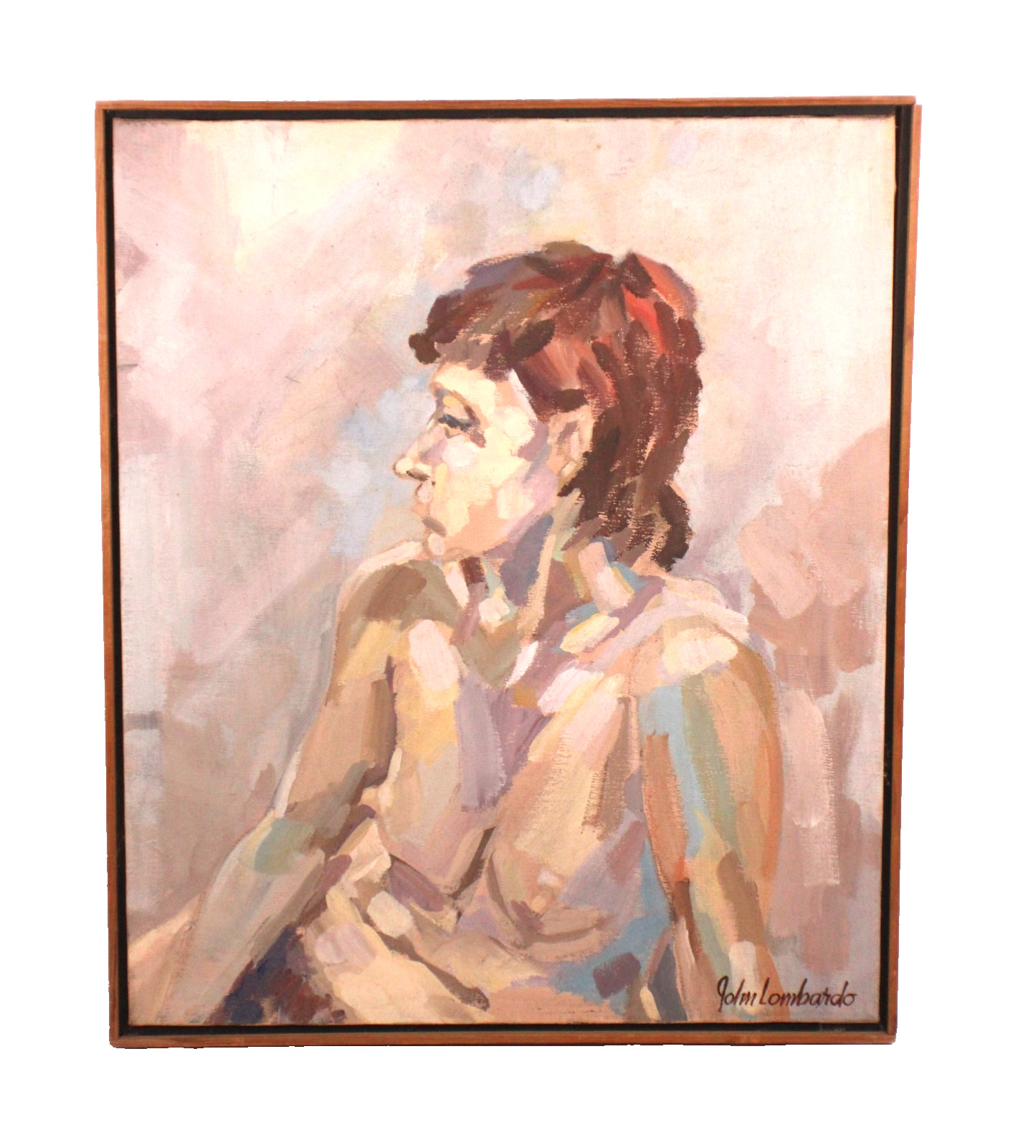John Lombardo Mid Century Lady Portrait Oil Painting Signed