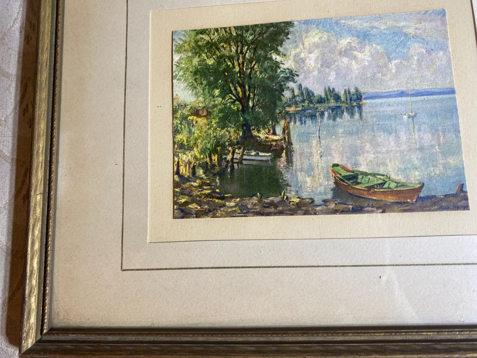 August Herzog (1885 – 1959) «Lakeside Scene» Oil Painting – Signed/Framed