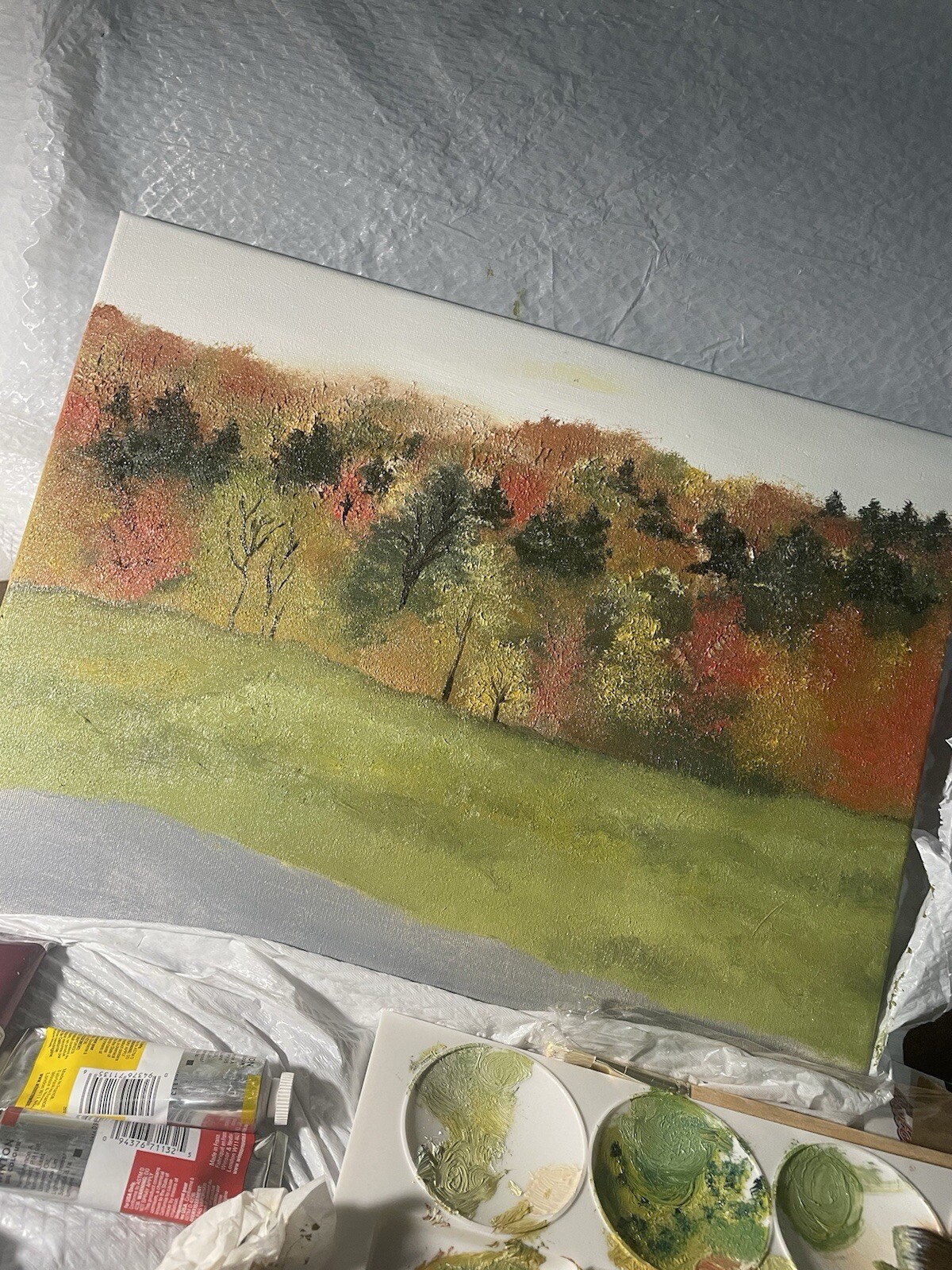 Vermont Original Oil Painting Cabin Woods In Fall Textured Landscape New England