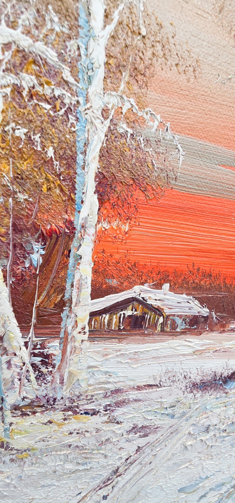 Vintage Mid Century Oil Painting Winter Cabin Landscape Impasto Signed F….