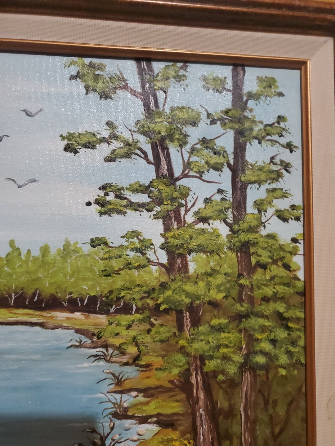 Original oil painting Vibrant!!! Blue Flowers Pond Forest Landscape SIGNED