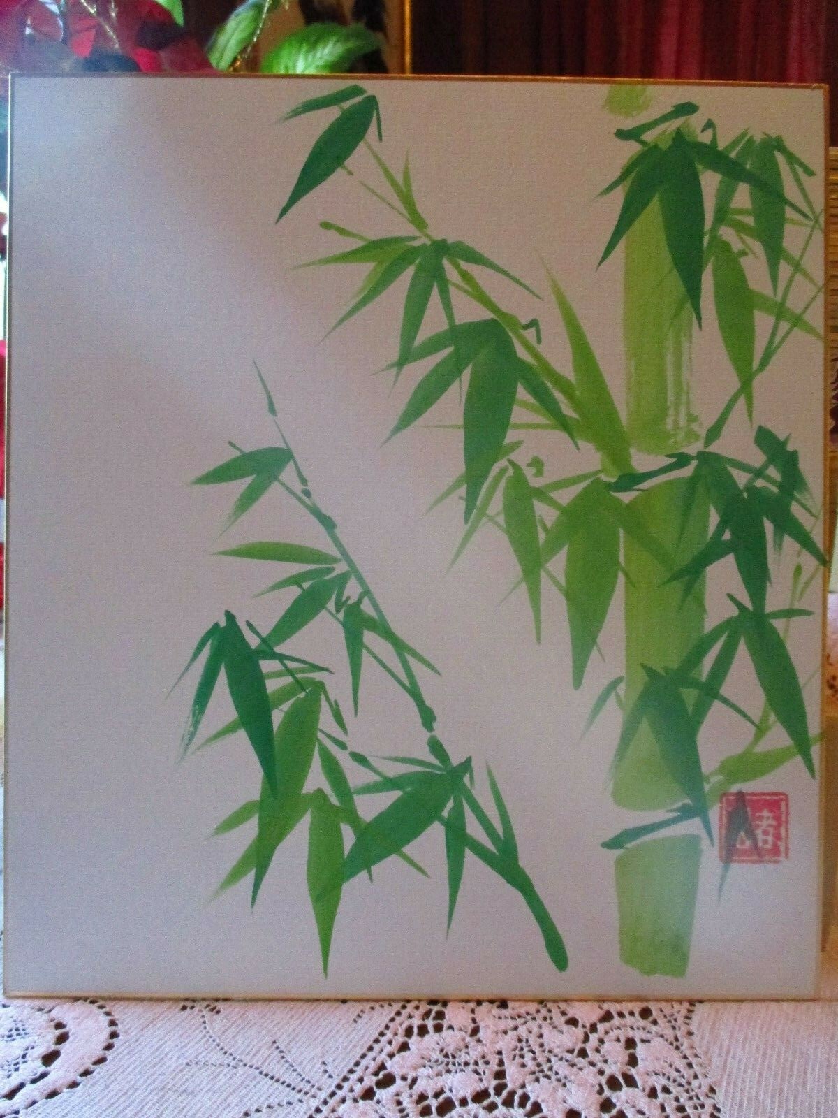 Japanese ORIGINAL PAINTING Shikishi Asian style plants bamboo Oriental love card