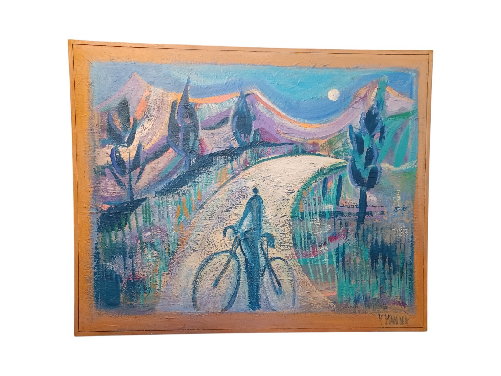 Original Art Painting On Canvas Expressionist Pastel Bicycle Landscape N. Hanna