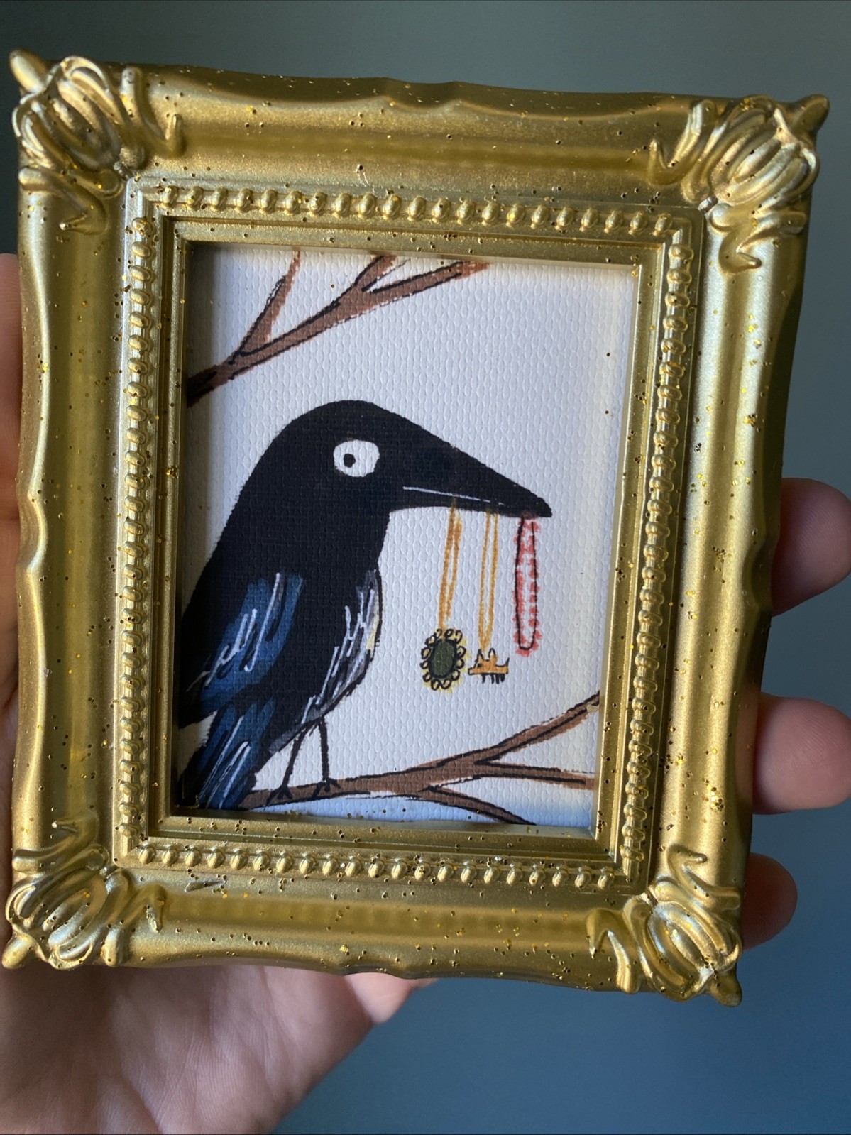 PRINT Whimsical Magpie Bird Cute,funny, Painting,framed,miniature,small,mini