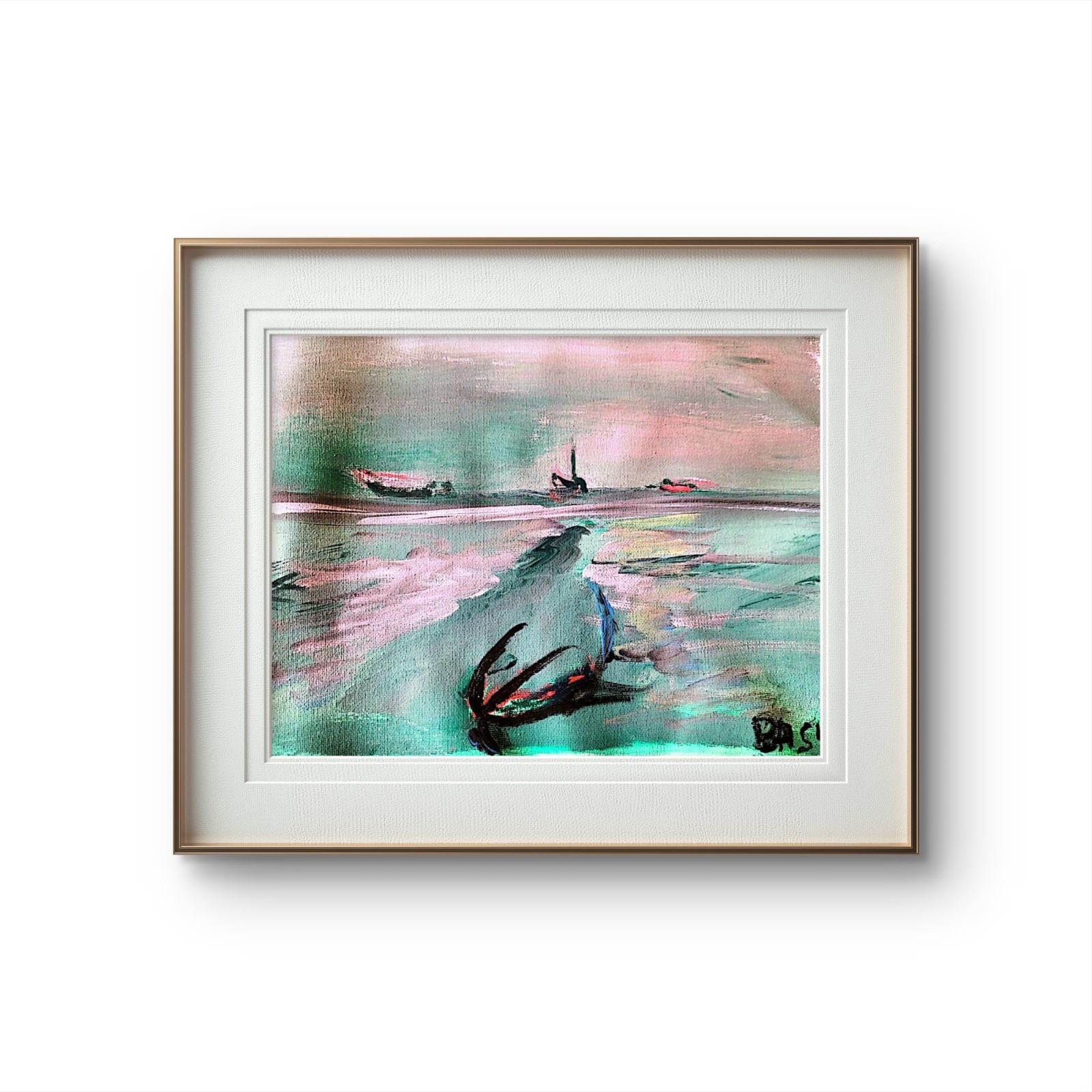 Moody Teal Seascape Boats 9×12 Acrylic Canvas Original Coastal Art