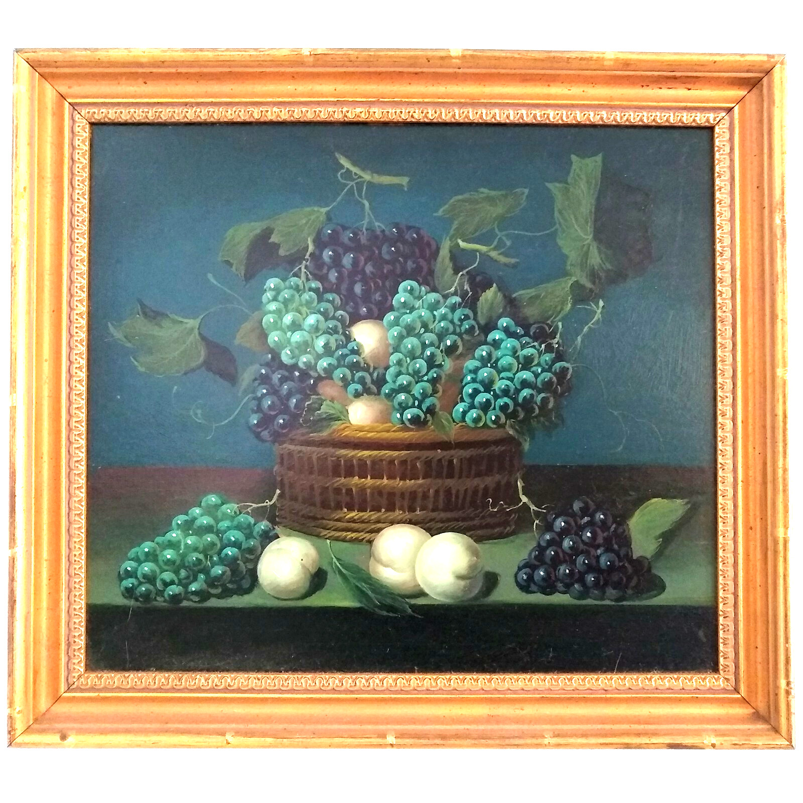 Vintage Still Life Oil Painting Fruit in Bowl Grapes & Peaches Gold Frame 16×18