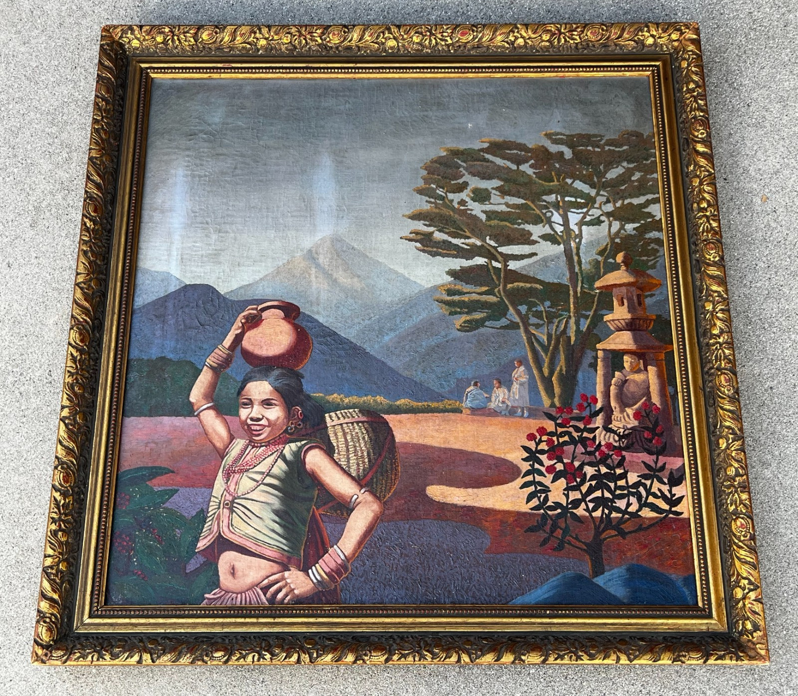 India / Southeast Asian Vintage Framed Oil Painting Folk Art Scene Landscape