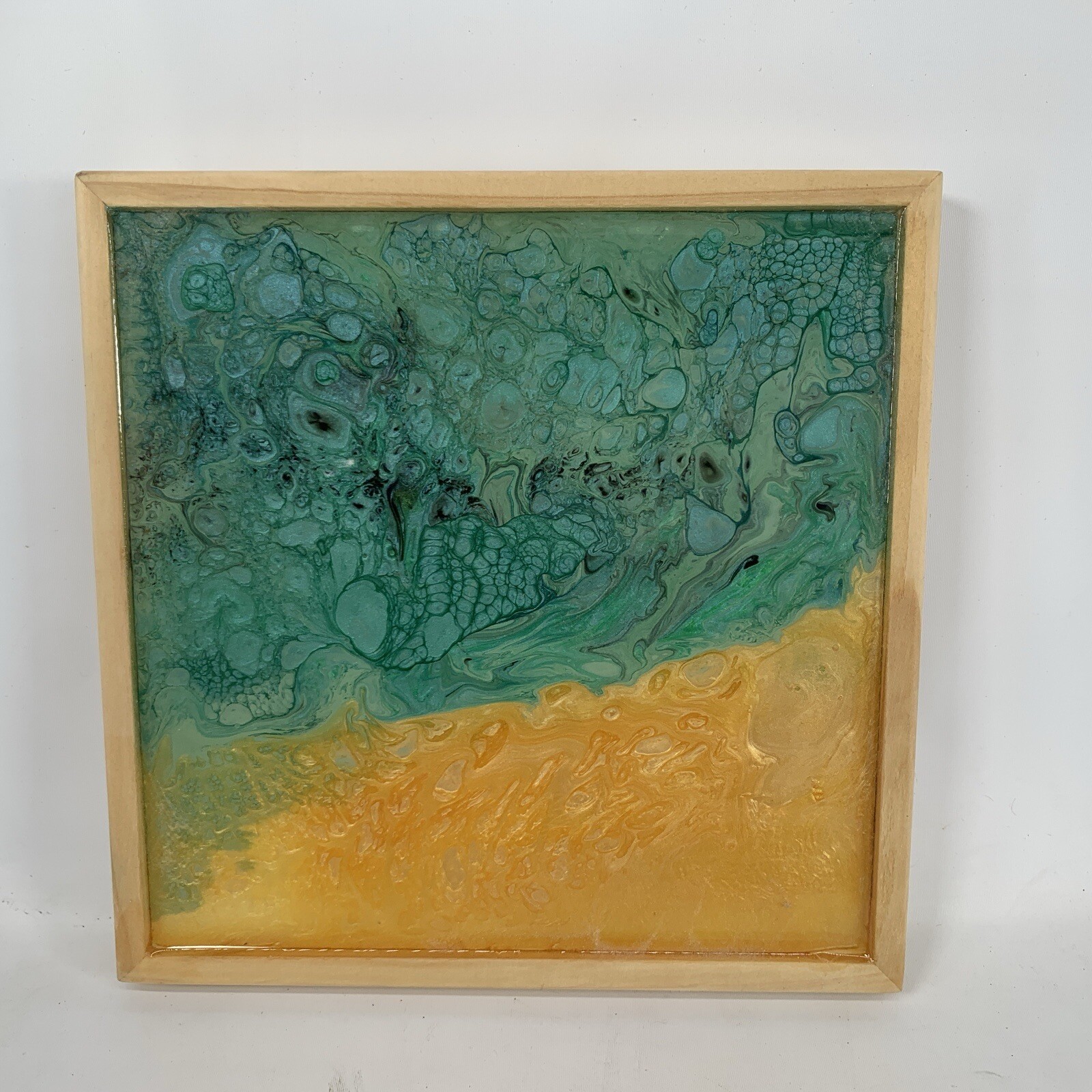Original Abstract Resin Art Fluid Pour Glossy #81 Ocean Turquoise Water 6″ x 6″