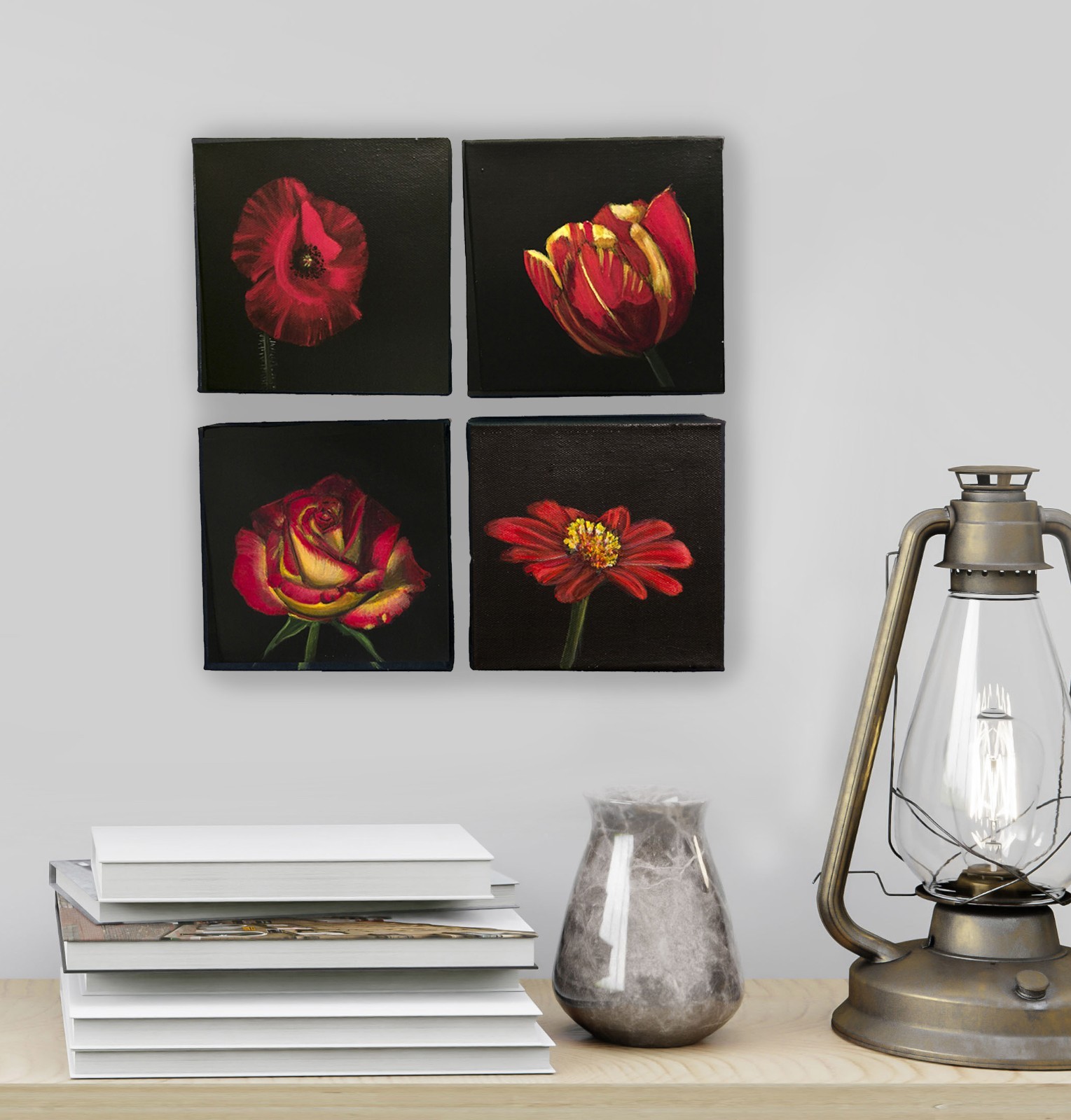 ORIGINAL Red Flowers (4) Acrylic Paintings Rose Tulip Poppy Daisy 6×6 Wall Art