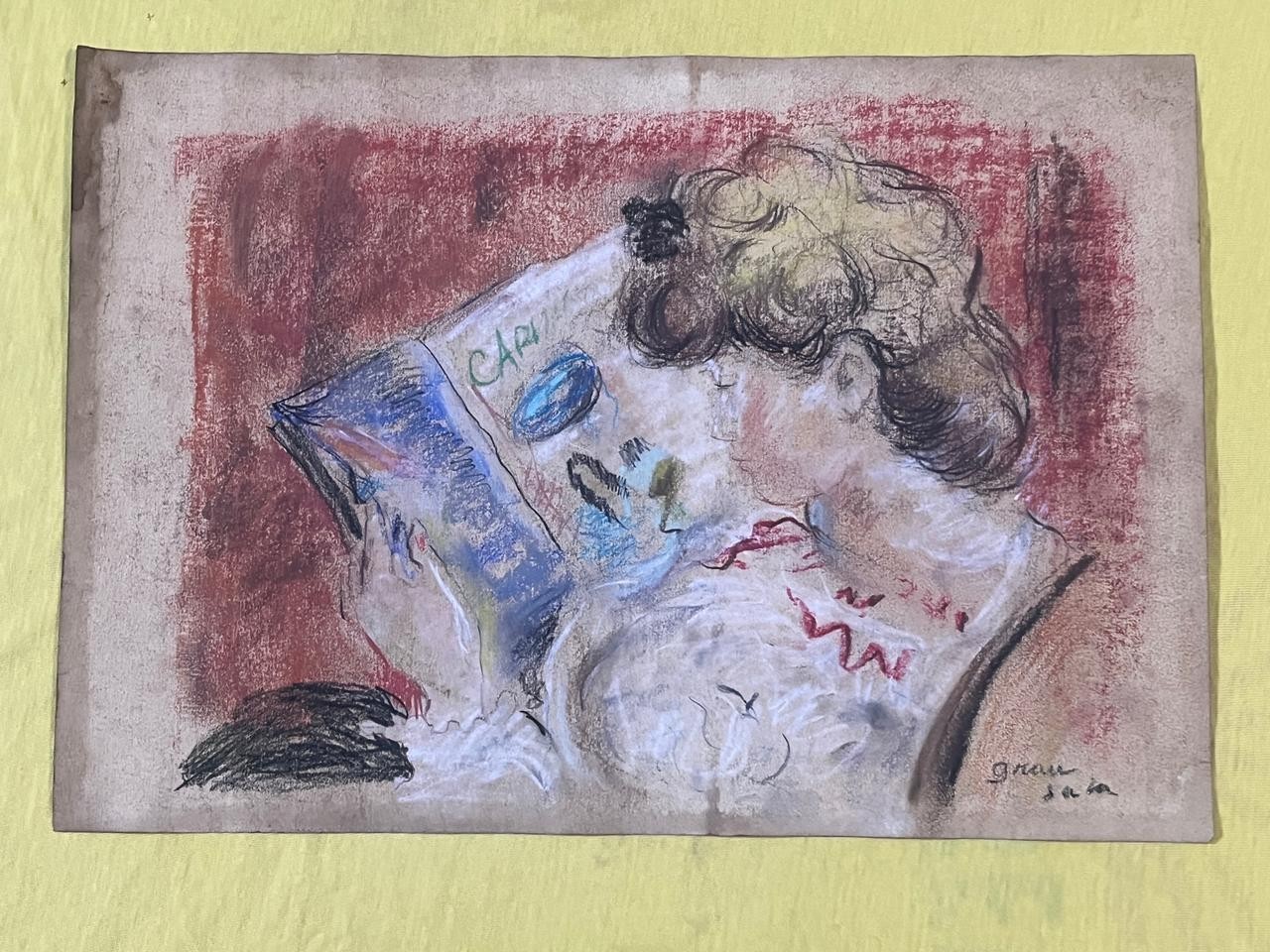EMILIO GRAU SALA drawing and painting on old paper signed stamped vintage