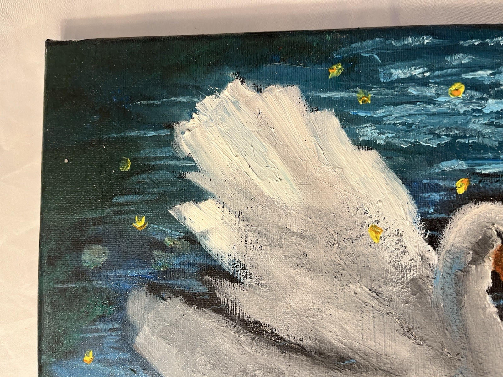 Original Impressionist Swans on Water Oil Painting on Canvas