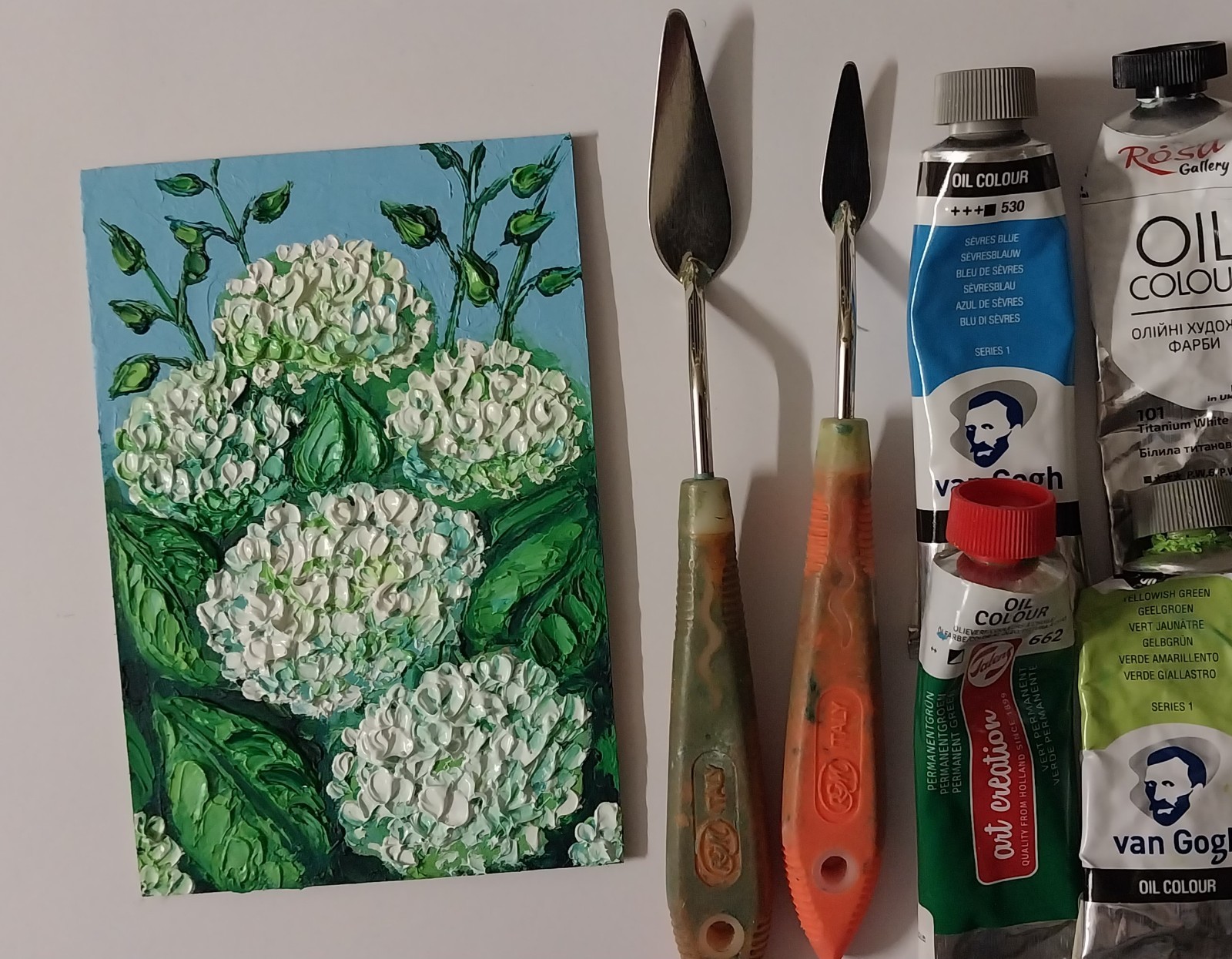 Framed White Hydrangea Flowers Garden Flowers 4×6” Impasto Oil Painting Original