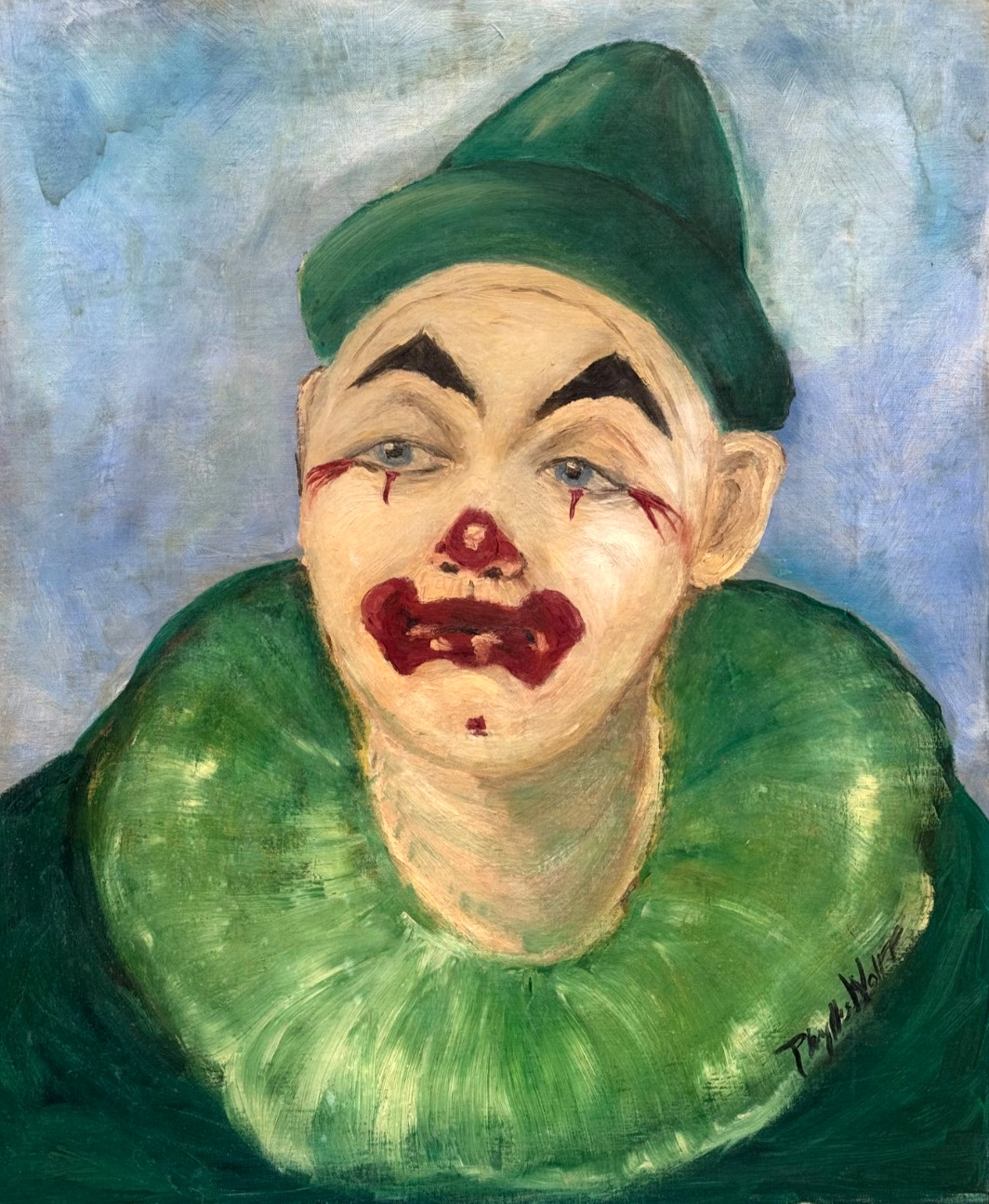 PHYLLIS WOLFF SIGNED ORIGINAL OIL PAINTING HEAD OF A CLOWN PORTRAIT VINTAGE ART