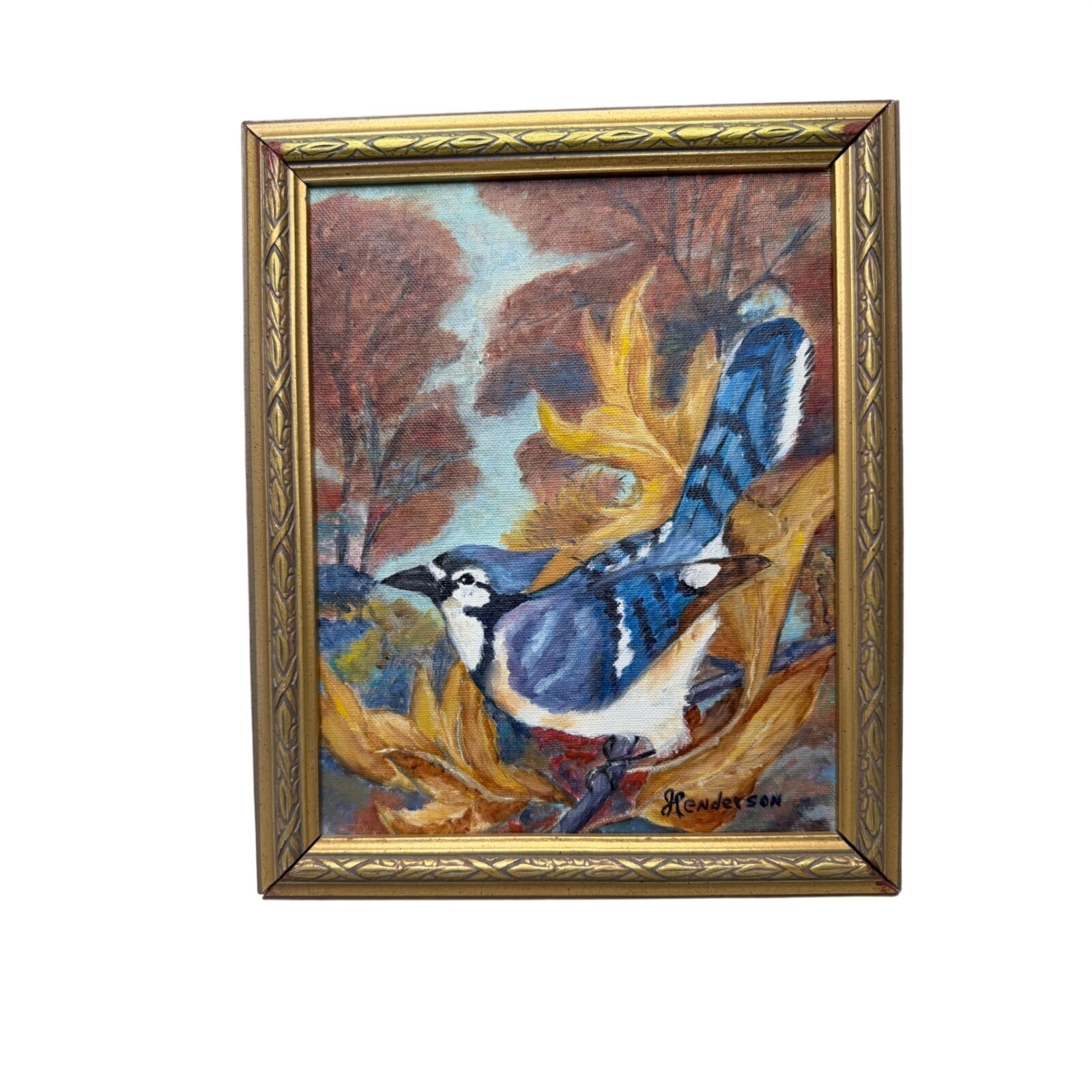 Vintage 1988 Blue Jay Oil Painting Signed Henderson Framed Bird Nature Art READ