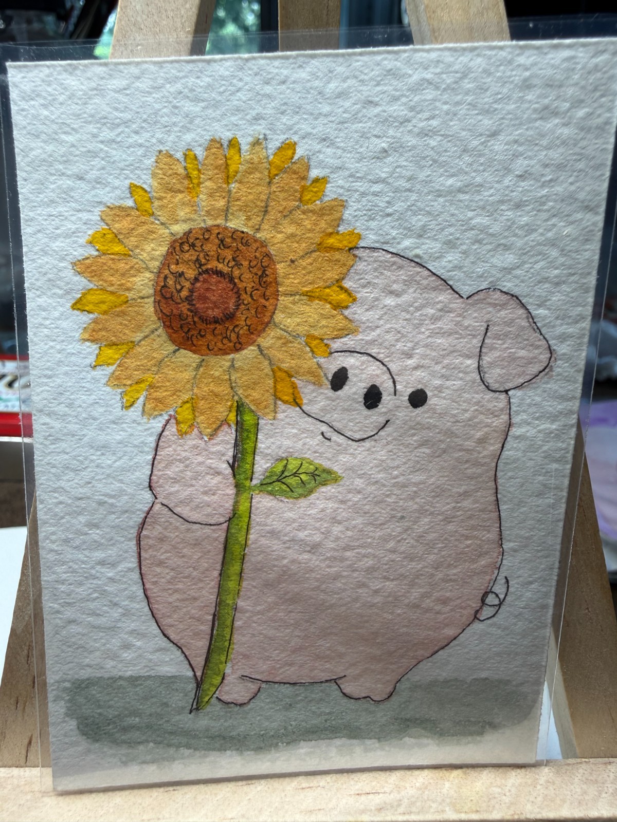 ACEO Original OOAK Signed (Not a Print) «Sunflower» Happy Pig & Flower Art Card