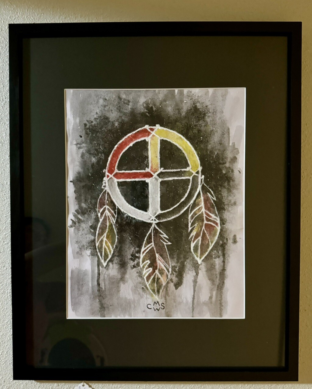 Native American art, Authentic, Watercolor And Acrylic on paper, Framed with mat