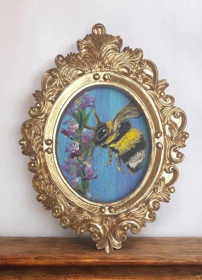 mini paintings & prints in vintage style ornate frame, mini art, birds & animals