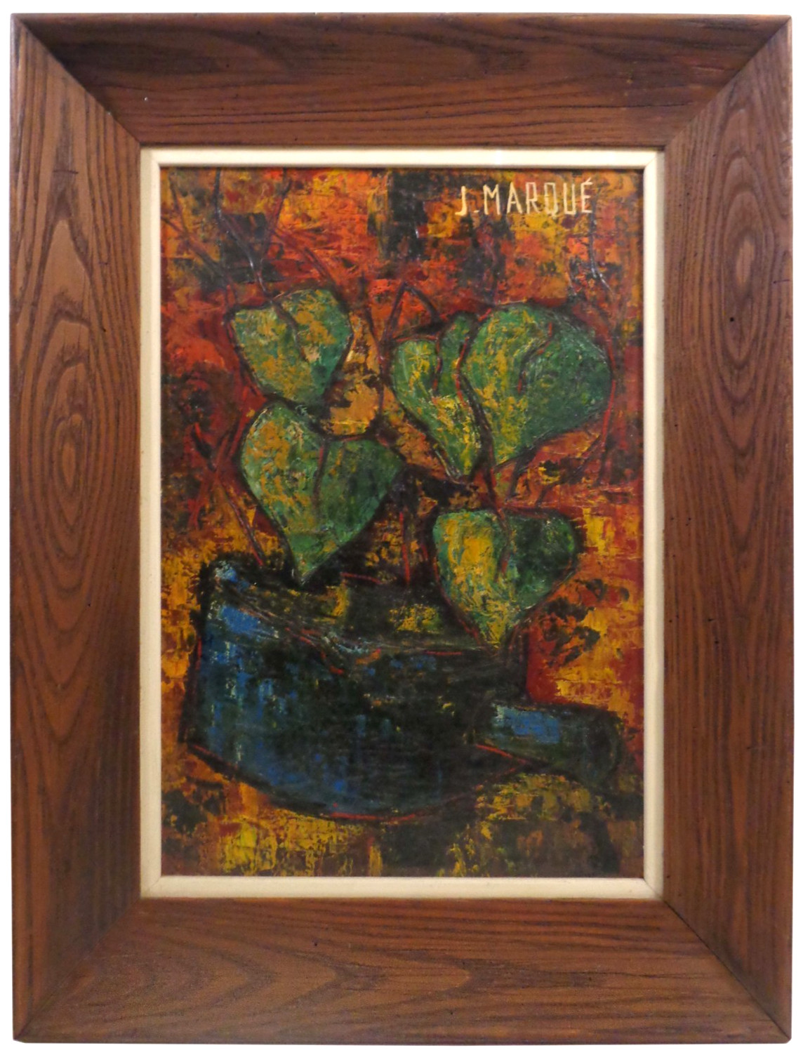 J. MARQUE (FRANCE, 20TH C) C.1950’S VINT SGND IMPASTO O/B STILL LIFE, ORIG FRAME