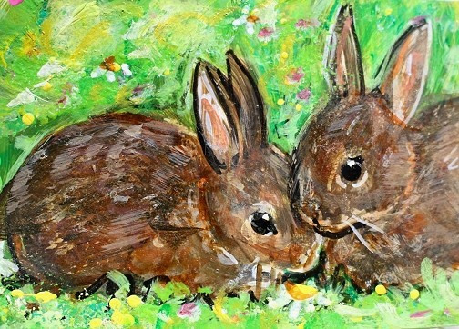 ORIGINAL ACEO Cottontail RABBIT Painting Spring Flower Bunny Animal Nature ART