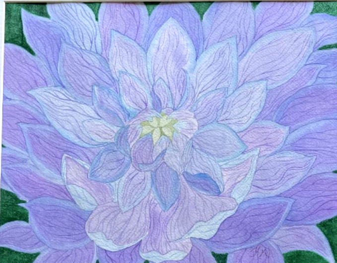 PAINTING WATERCOLOR 11X14 MAT 16X20 FLOWER DAHLIA PURPLE LAVENDER BLUE ORIGINAL