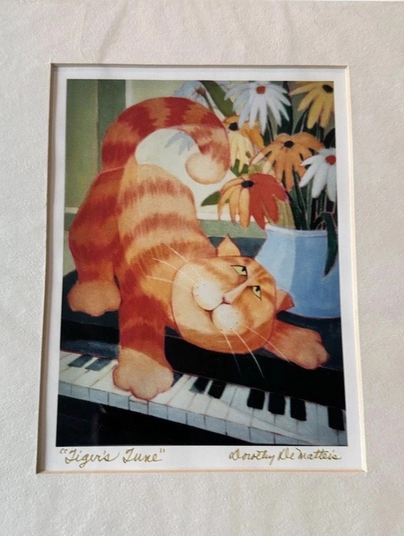 DOROTHY de MATTEIS Tigers June Signed Art Print Cat On Piano 5”x6” Framed 12×11”