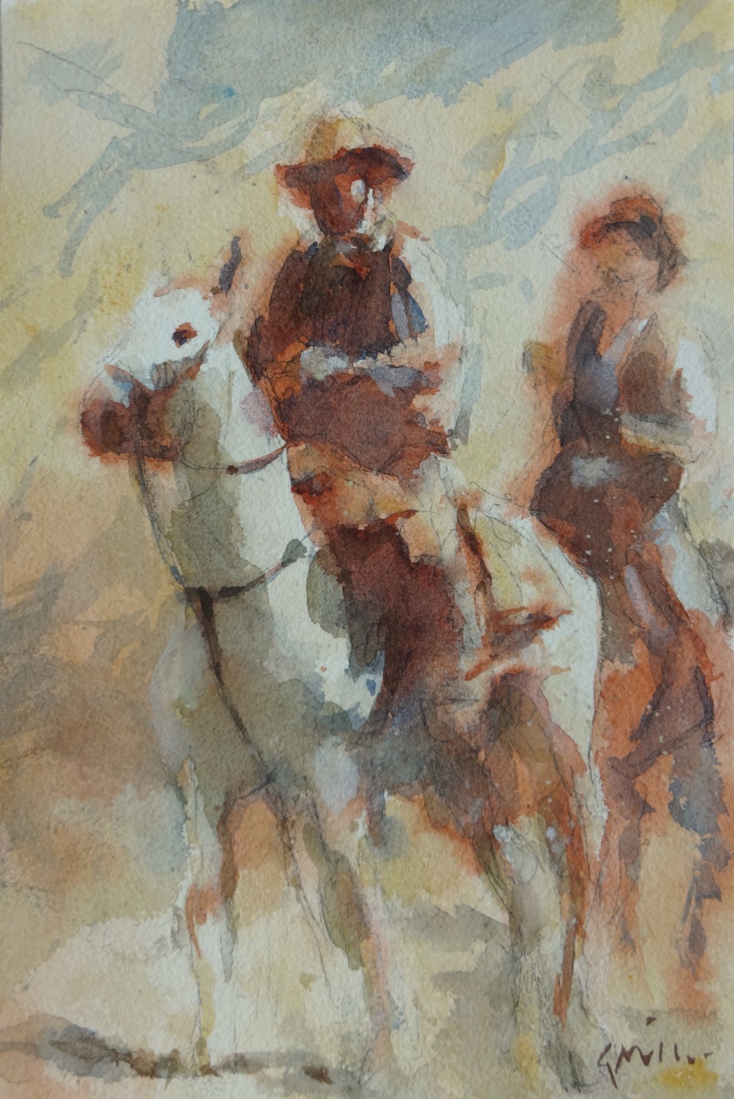 GERRY MILLER. Watercolour «Cowboys». No frame. 19x28cm.
