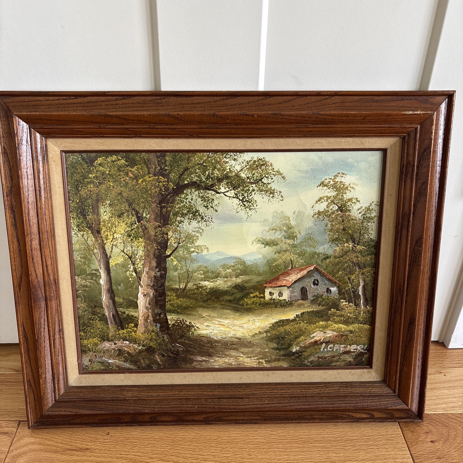 Vintage Framed Irene Cafieri Oil on Canvas Tree Landscape Painting 21” x 17”