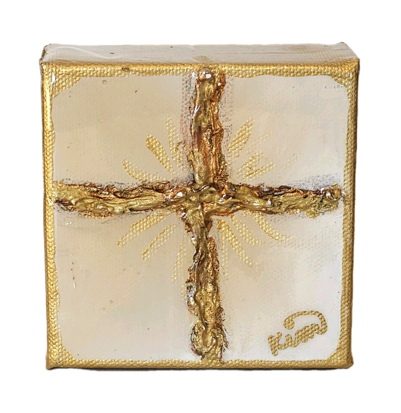 Gold Art Cross Painting on Canvas Wall Decor Signed 4” x 4”