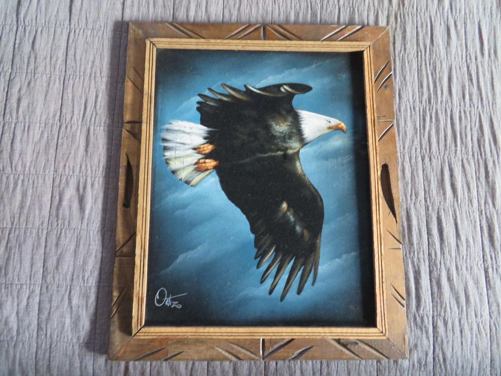 Vintage MCM Black Velvet Bald Eagle in Flight by David Ortiz in Original Frame