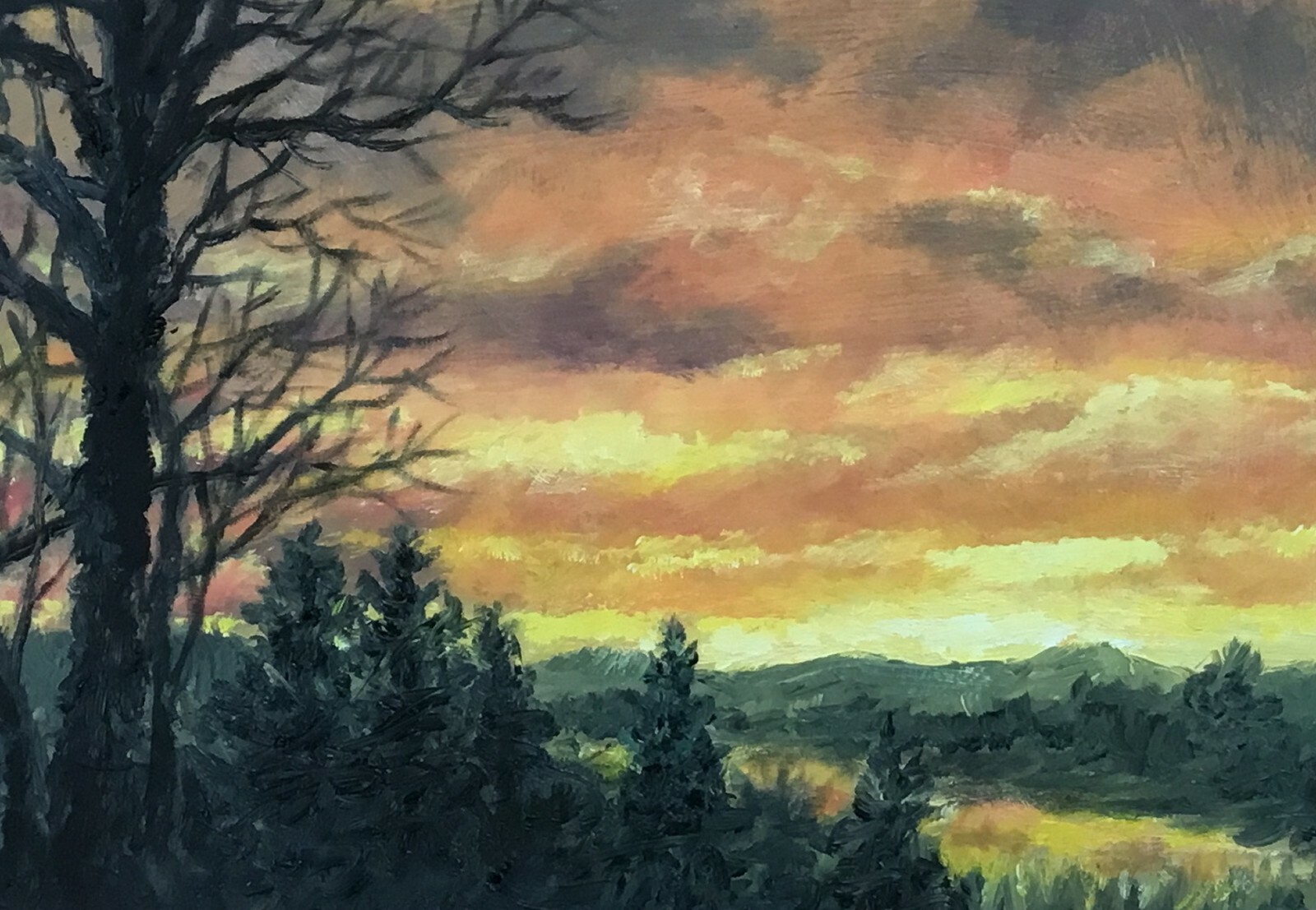 SUNDOWN ABOVE THE RIVER – original framed oil painting by K. McDermott