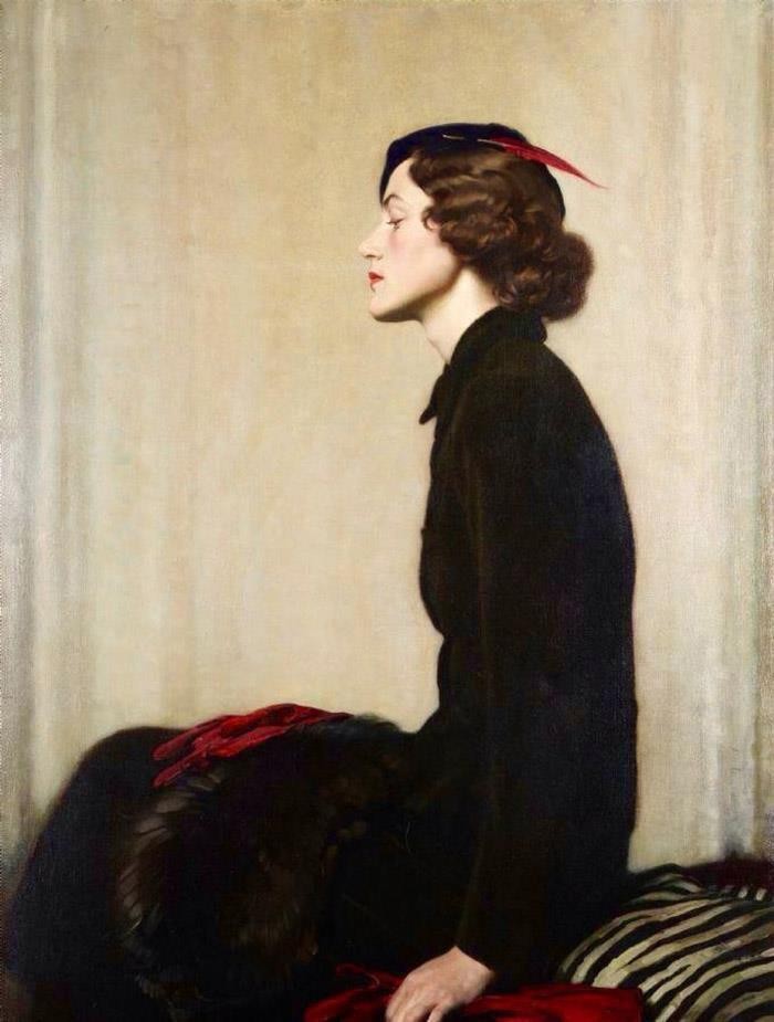 Vintage Art Deco Woman In Black Dress Portrait Oil Painting Classic Female Art