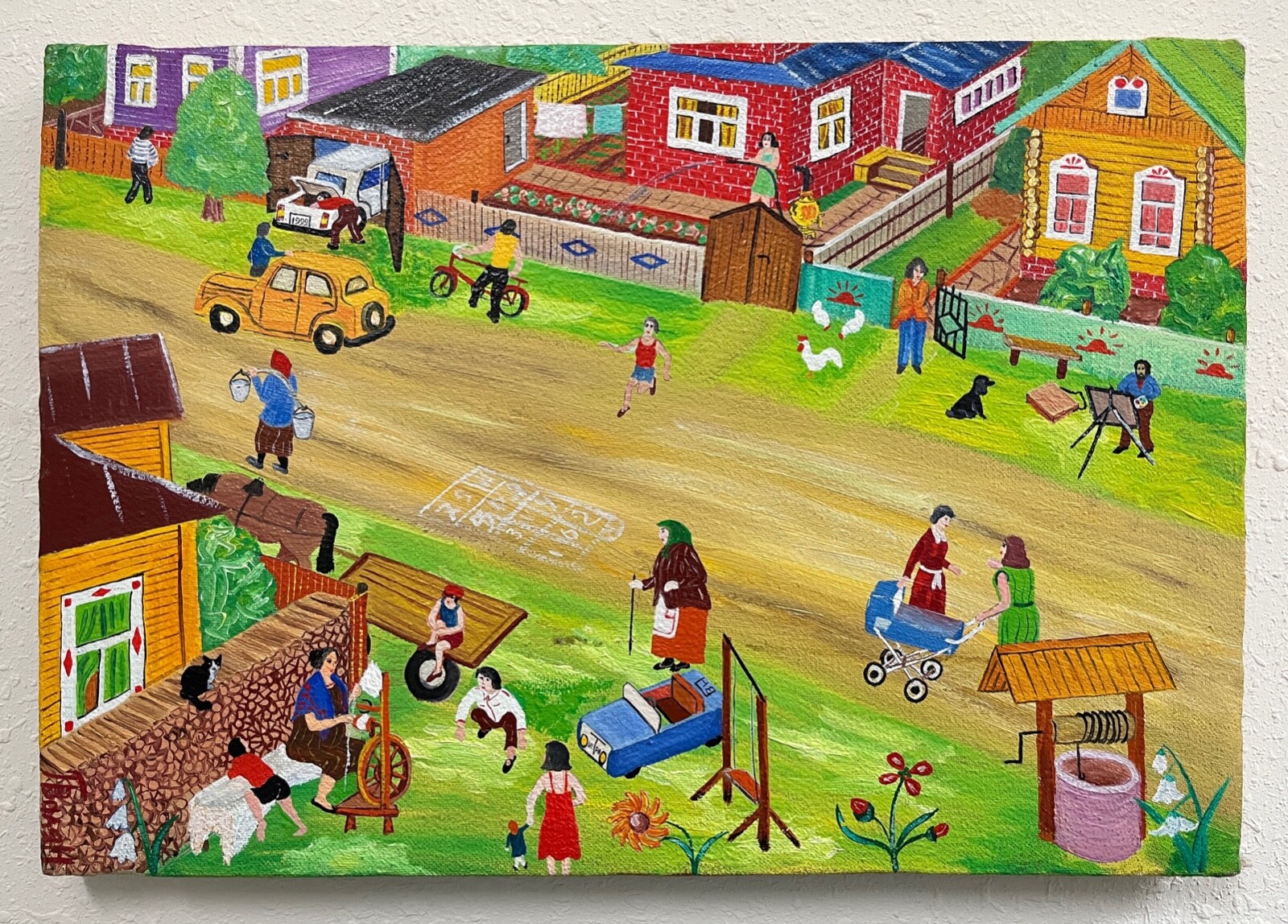 Original Scene Painting Russian Folk Art Naive Outside Art by Valentin Petrov