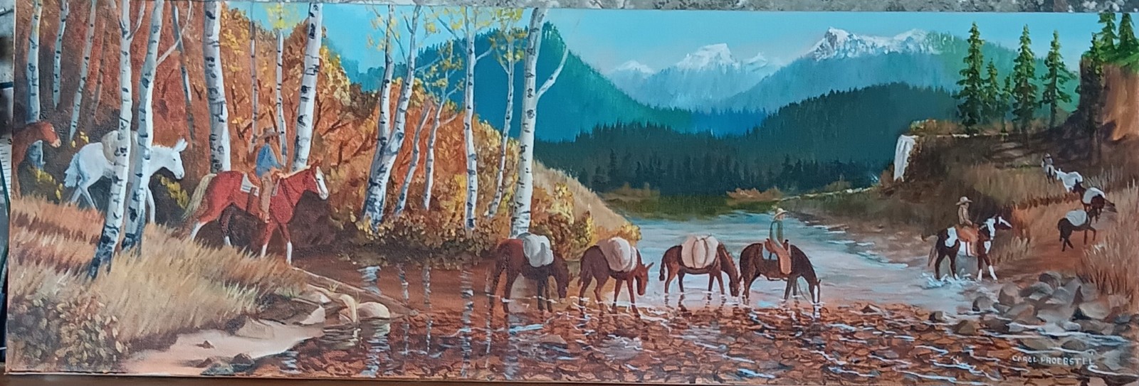Original oil painting wildlife pack trip mules horses river Carol Proebstel