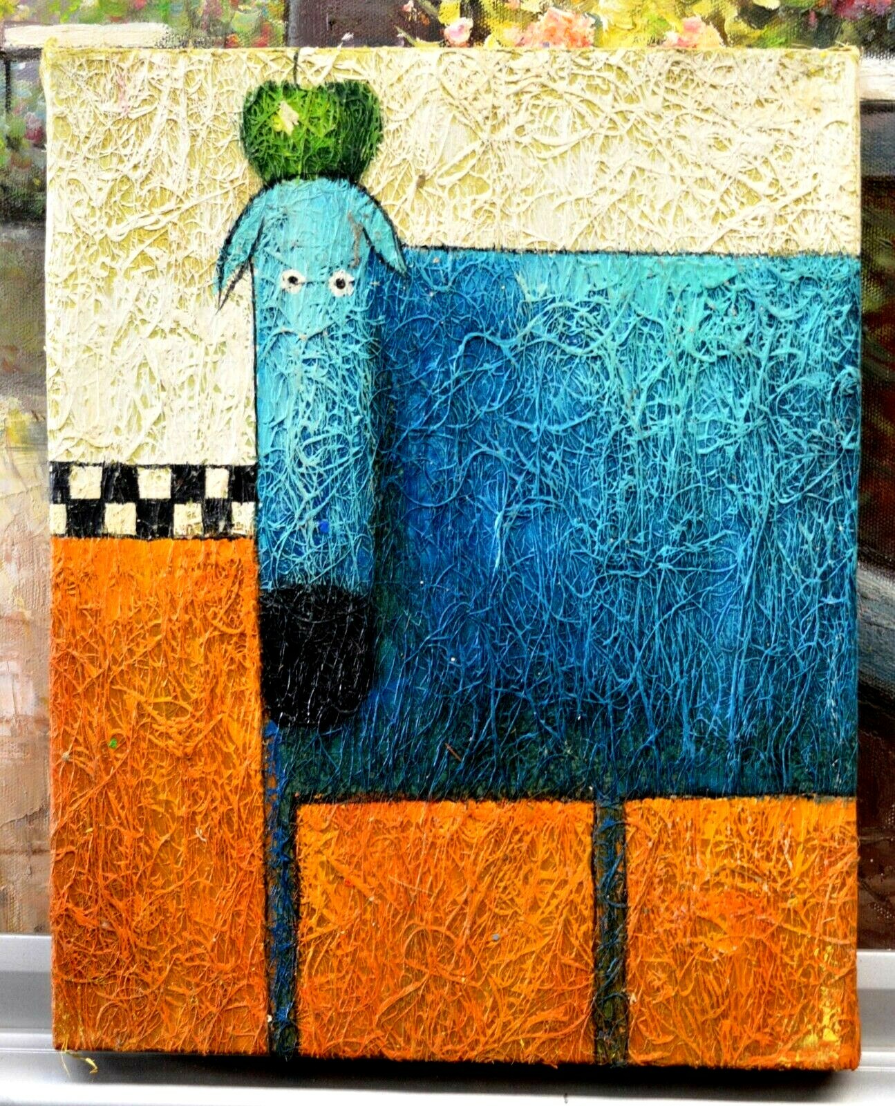 OIL PAINTING APPLE ON DOG HEAD ABS HUMOUR HAND PAINTED 10″ DECOR ART GIFT 452