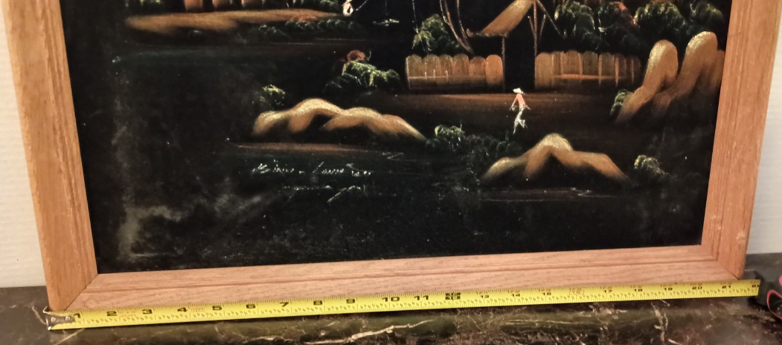 VTG Mid Century Black Velvet Surreal Tropical Island Landscape Framed 22” x 17