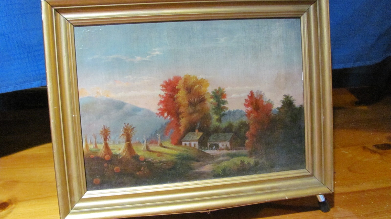Antique c.1890 Oil Painting of New England Farmhouse w/ Fall Foliage & Harvest